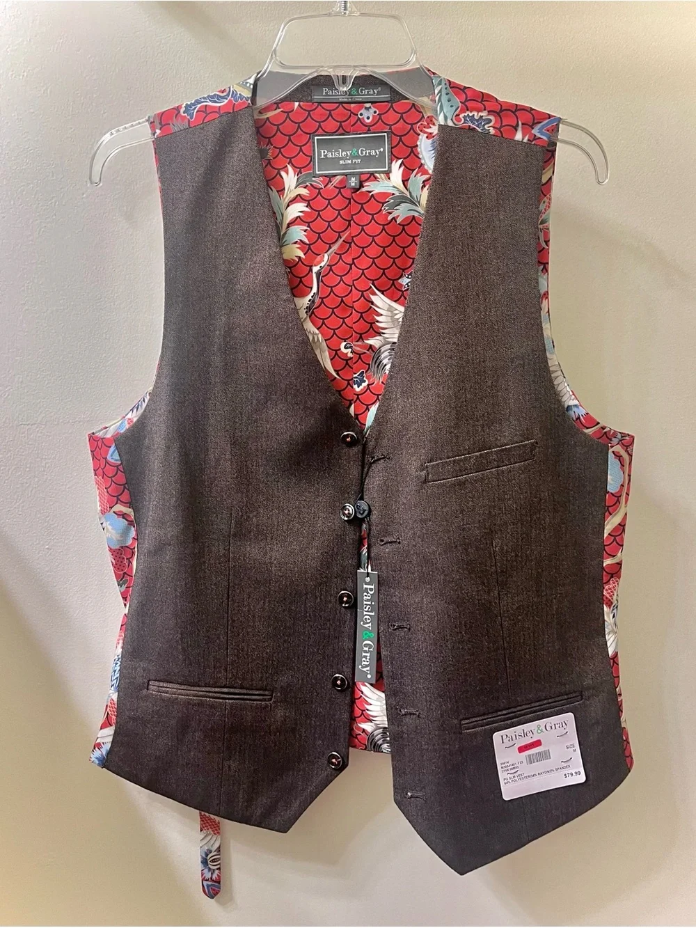Paisley & Gray Slim Fit Vest, Brown Herringbone Red Crane Floral Print Lining, M